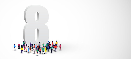 Large group of people stands around the number 8.