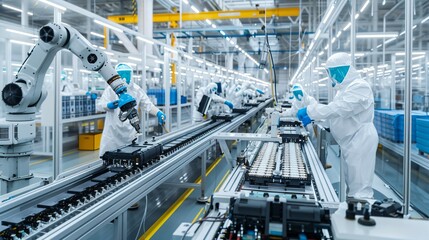 Advanced electric vehicle battery production line with robotic arms assembling lithium-ion cells. Futuristic factory interior featuring conveyor belts, technicians in suits, high-tech machine