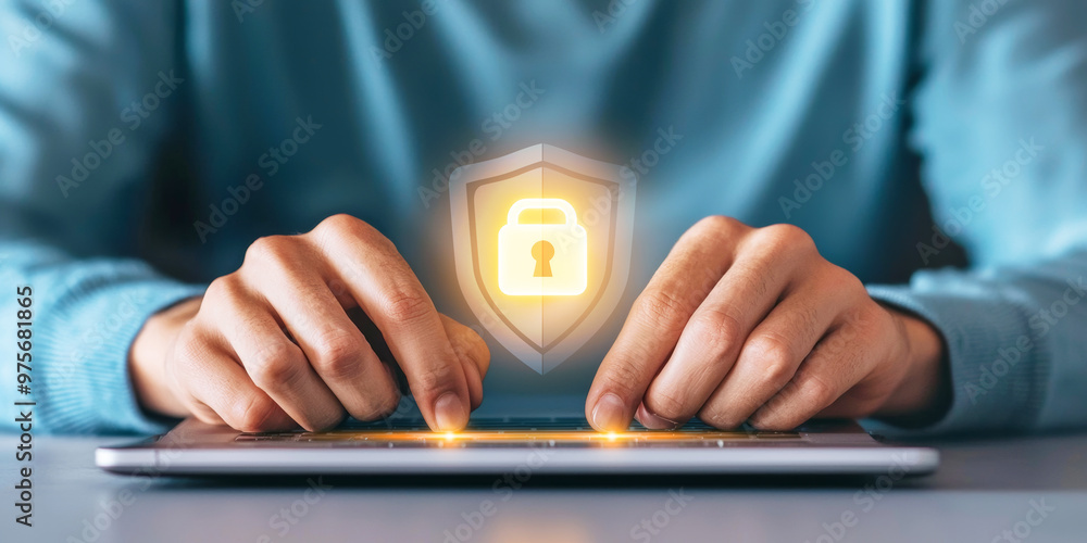 Poster typing on notebook with glowing security icon, ensuring data safety