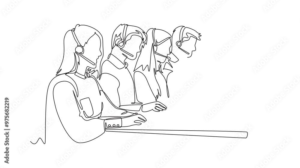 Poster animated self drawing of continuous line draw group of male female customer service team members ans