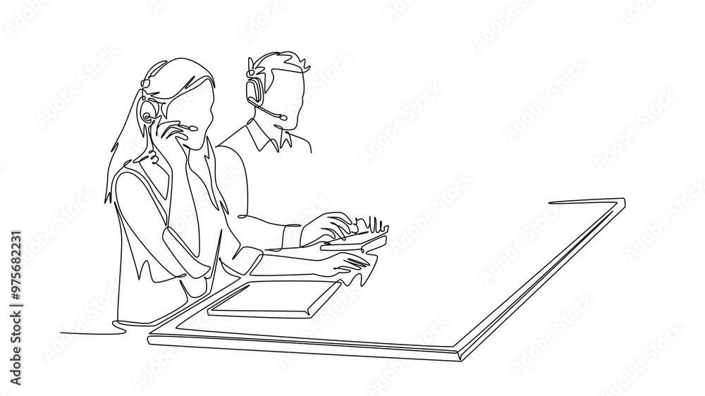 Poster animated self drawing of continuous line draw group of call center team members answer purchase orde