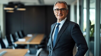 A senior business executive standing in a corporate office hallway, dressed in professional attire and looking determined