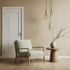 an interior design scene with minimalist style, a beige wall with white wooden door, a light green armchair on wooden floor, a wooden side table with vase and dried branches, pendant lamps hanging fro
