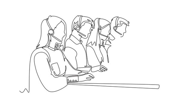 Animated self drawing of continuous line draw group of male female customer service team members answer complaint phone call from clients kindly. Call center concept. Full length single line animation