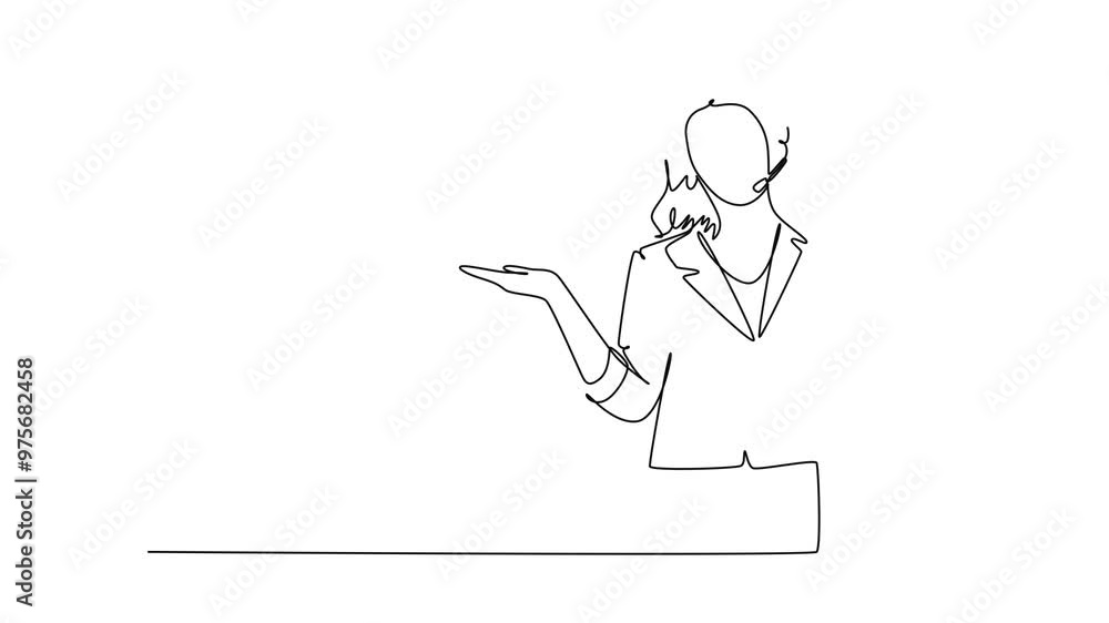 Aufkleber self drawing animation of single line draw of attractive female consultant standing and giving speec
