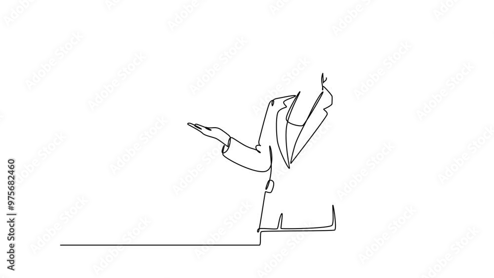 Poster self drawing animation of single line draw young happy female motivator poses neatly in front of cam