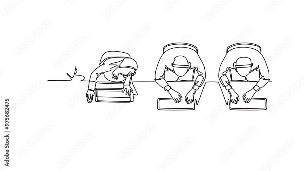 Aufkleber animated self drawing of continuous line draw of top view group of telemarketing team member calling