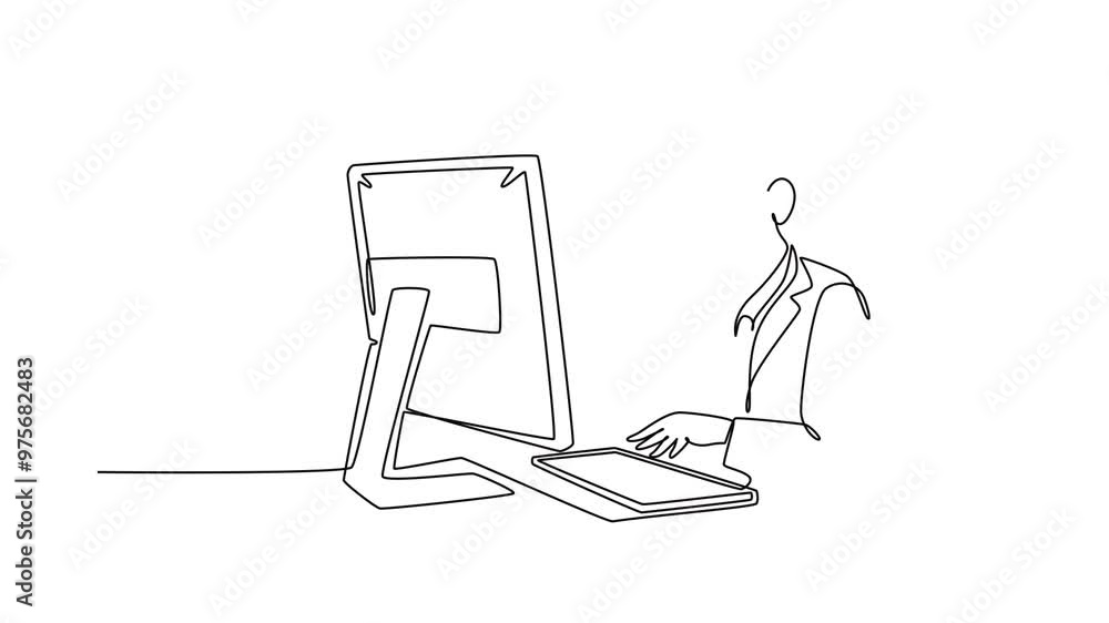 Poster animated self drawing of continuous line draw of young confused call center worker answering phone c