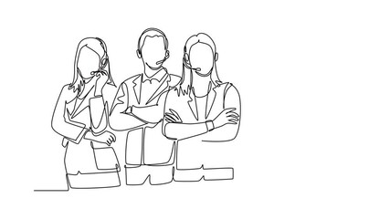 Animated self drawing of continuous line draw group of happy male and female customer service team members pose neatly in straight line. Call center service excellence. Full length one line animation