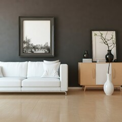 A modern minimalist living room interior, a white lacquered sideboard with geometrically arranged framed artworks placed on top, parquet herringbone hardwood flooring, a white armchair, gray accent wa