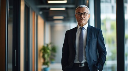 A senior business executive standing in a corporate office hallway, dressed in professional attire and looking determined
