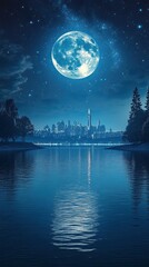 A large blue moon is reflected in the water of a lake