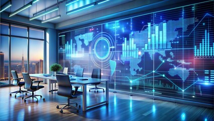Futuristic office filled with holographic business charts, data streams, and creative designs, high-tech business, future of business innovation