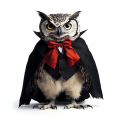 Fototapeta premium An owl dressed as a vampire, Halloween theme, dark and mysterious, isolated on white background