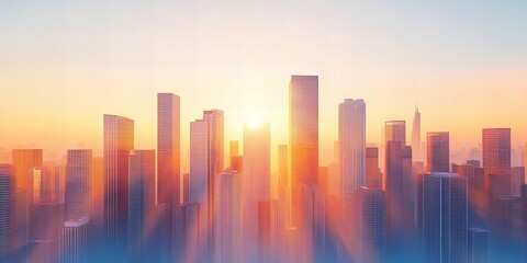 Bright modern city skyline silhouette against a radiant sky at sunrise new beautiful stock image illustration AI