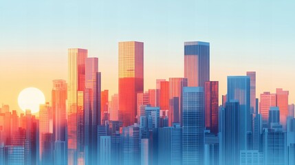 Bright modern city skyline silhouette against a radiant sky at sunrise new beautiful stock image illustration AI