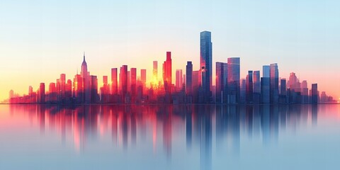 Obraz premium Bright modern city skyline silhouette against a radiant sky at sunrise new beautiful stock image illustration AI