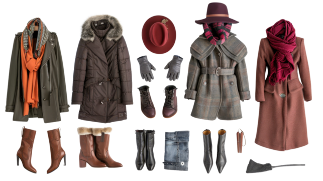 Women's autumn and winter clothes on transparent background - Powered by Adobe