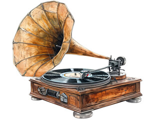 Vintage gramophone with wooden design, classic record player creating a nostalgic atmosphere of music and history.