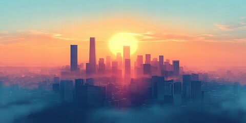 Fototapeta premium Bright modern city skyline silhouette against a radiant sky at sunrise new beautiful stock image illustration AI