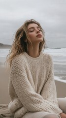 Woman in a cozy sweater enjoys a moody beach day with gentle waves and cloudy skies in autumn