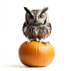 Obraz premium A Halloween-themed owl perched on a pumpkin, cute and spooky, isolated on white background