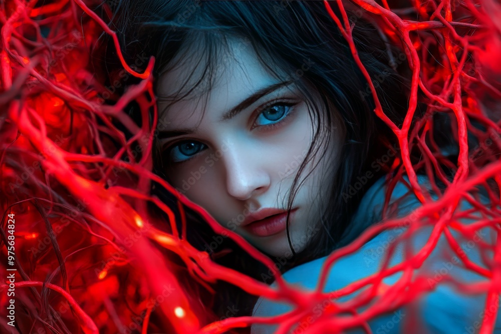 Poster portrait of a woman surrounded by red abstract neural wires representing complexity thought processe