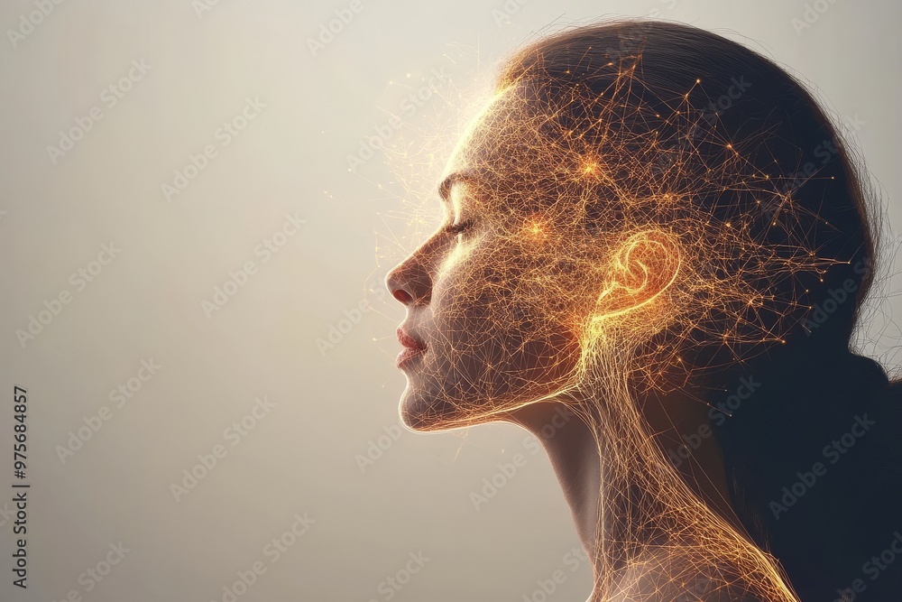 Poster side profile of a futuristic person with golden neural pathways illuminated representing intelligenc