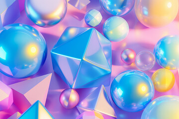 A creative 3D background featuring glossy geometric shapes in a variety of sizes and forms, such as spheres, cubes, pyramids, and abstract polygons