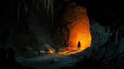 Brave Explorer Discovering Ancient Cave Carvings by Torchlight