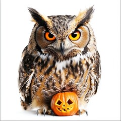 Fototapeta premium A spooky owl with a jack-o'-lantern beak, Halloween theme, eerie and creative, isolated on white background