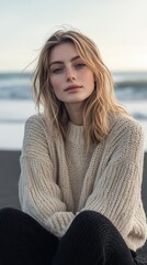 Young woman in a cozy sweater relaxing on a beach at sunset with crashing waves