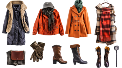 Women's autumn and winter clothes on transparent background