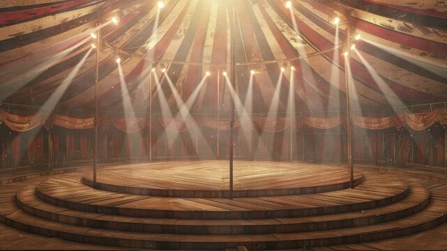 Empty Vintage Circus Tent with Red and White Striped Ceiling and Dramatic Lighting on Stage -  Draped Curtains and Center Platform Under Spotlights