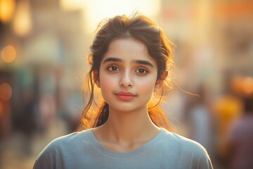 Obraz premium A close-up portrait of a young Pakistani woman wearing a casual t-shirt, with a blurred background.