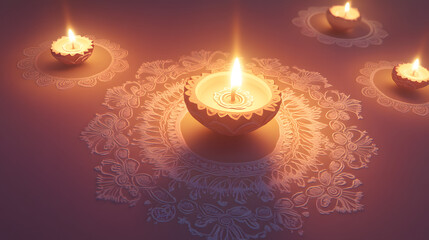 3d render diwali lamps with detailed illustration on it placed in circle, shot from above, plain soft color background with circle rangoli drawings