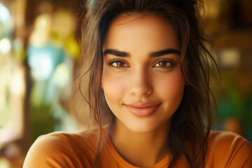 Obraz premium A close-up portrait of a young Pakistani woman wearing a casual t-shirt, with a blurred background.