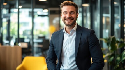 Fototapeta premium A professional HR manager, dressed in formal attire, smiling confidently while working in a modern corporate office