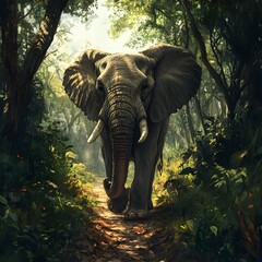 Fototapeta premium Watching an elephant walk slowly through a large forest gives me a sense of peace in the natural world.
