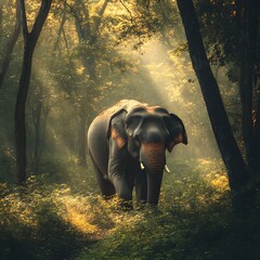 Fototapeta premium Watching an elephant walk slowly through a large forest gives me a sense of peace in the natural world.