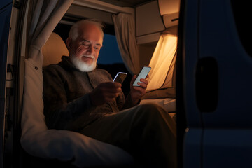 Senior Man Using Mobile Phone Inside RV Camper Van at Night