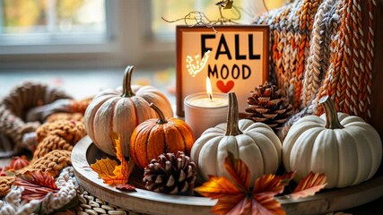 Footage A cozy autumn arrangement featuring pumpkins, pinecones, and fall leaves for seasonal decor.
