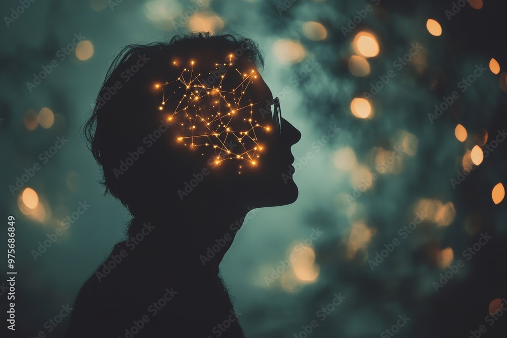 Poster silhouette of a person with glowing neural energy inside their head representing the power of though