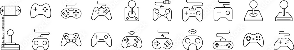 Poster set of line icons of joystick. editable stroke. minimalistic linear pictogram for design of cards, a