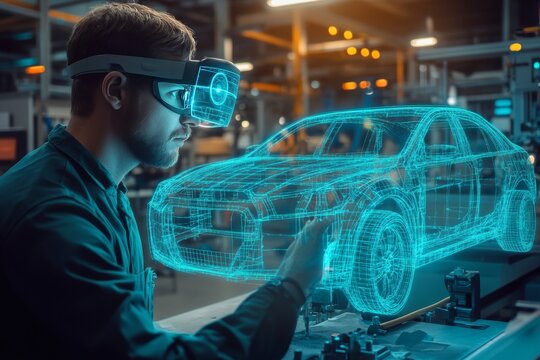 Man using augmented reality glasses to work on car with holographic wireframe in factory setting - Powered by Adobe