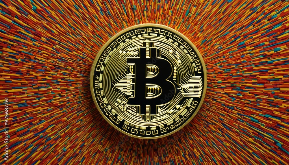 Aufkleber a close-up of a golden bitcoin symbol radiating vibrant energy, surrounded by dynamic multicolored s