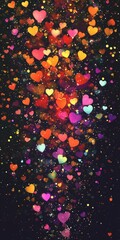 Colorful hearts floating in a starry background create a whimsical, romantic atmosphere.