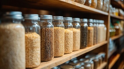 Eco-Friendly Zero-Waste Store Shelf, showcasing an array of organic grains and pulses in glass jars, promoting sustainable packaging and mindful consumption choices.