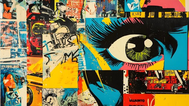 Vibrant Surreal Eye Collage with Graffiti Inspired Abstract Patterns and Textures
