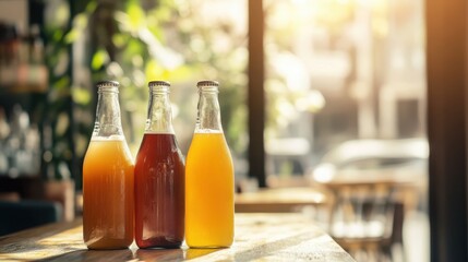 Organic drinks in elegant glass bottles, minimalist labels highlighting freshness, arranged on a cozy cafe table, warm sunlight illuminating the inviting scene, ample space for custom text.